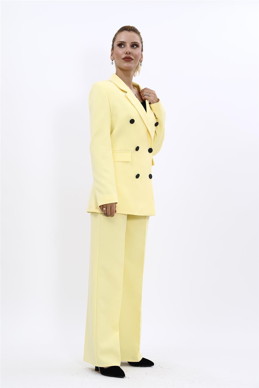 Erkek Yaka Kuruvaze Blazer Ceket & Bol Paça Pantolon-Sarı Önder Özsoy 1034520 Blazer Ceket & Bol Paça Pantolon Takım