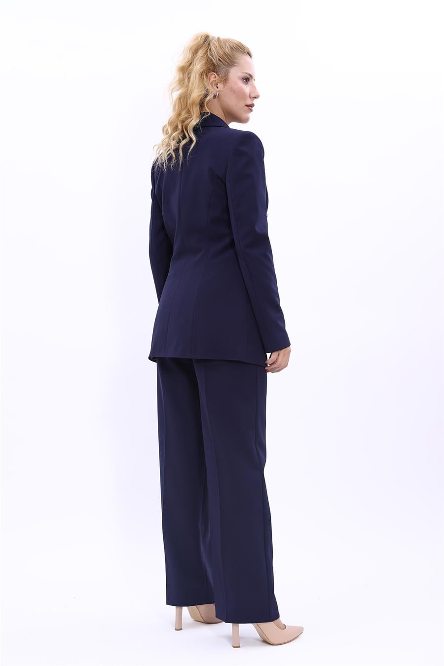 Erkek Yaka Kuruvaze Blazer Ceket & Bol Paça Pantolon-Lacivert Önder Özsoy 1034520 Blazer Ceket & Bol Paça Pantolon Takım