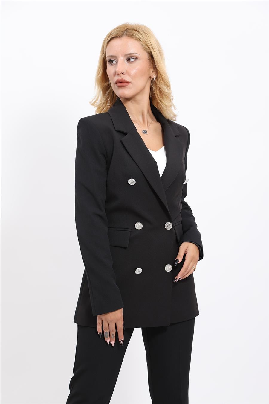 Erkek Yaka Kuruvaze Blazer Ceket & Dar Paça Pantolon-Siyah Önder Özsoy 1034510 Blazer Ceket & Boru Paça Pantolon Takım