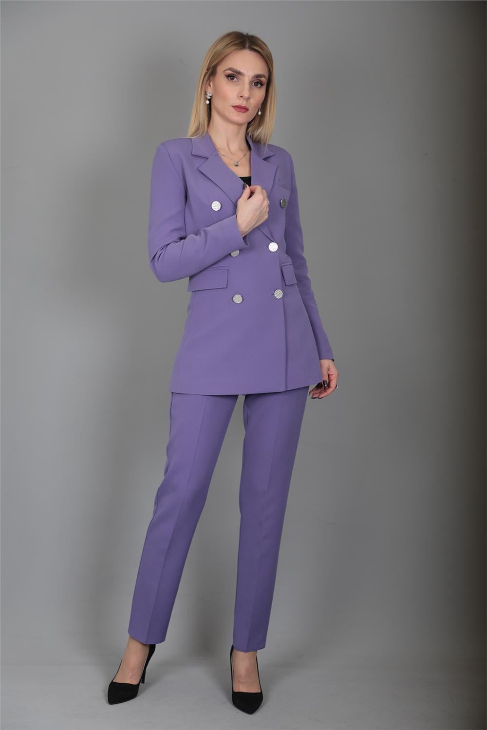 Erkek Yaka Kuruvaze Blazer Ceket & Dar Paça Pantolon-Lila Önder Özsoy 1034510 Blazer Ceket & Boru Paça Pantolon Takım