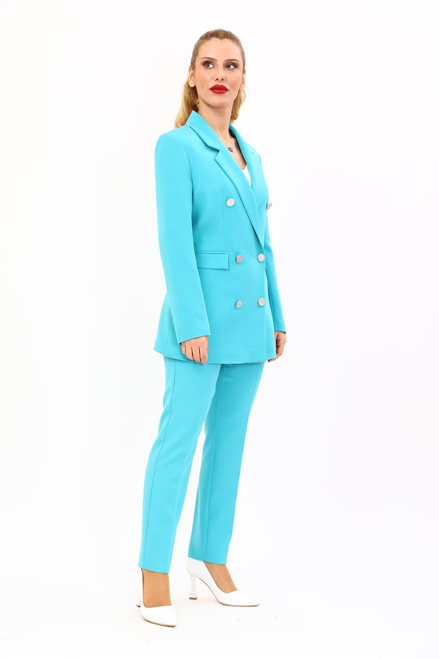Erkek Yaka Kuruvaze Blazer Ceket & Dar Paça Pantolon-Turkuaz Önder Özsoy 1034510 Blazer Ceket & Boru Paça Pantolon Takım