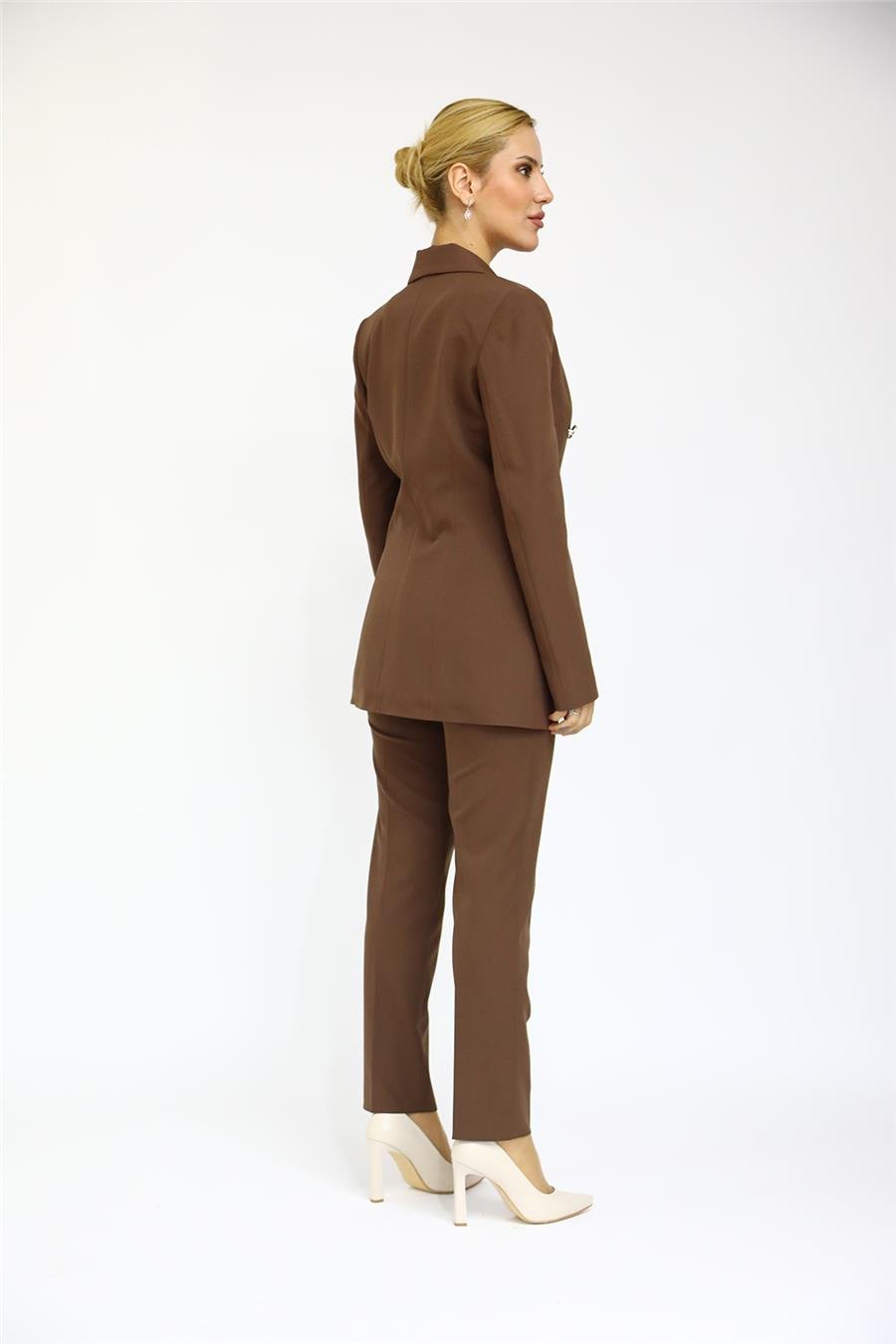 Erkek Yaka Kuruvaze Blazer Ceket & Dar Paça Pantolon-Kestane Önder Özsoy 1034510 Blazer Ceket & Boru Paça Pantolon Takım