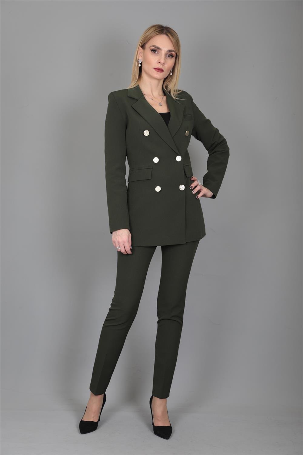 Erkek Yaka Kuruvaze Blazer Ceket & Dar Paça Pantolon-Haki Önder Özsoy 1034510 Blazer Ceket & Boru Paça Pantolon Takım