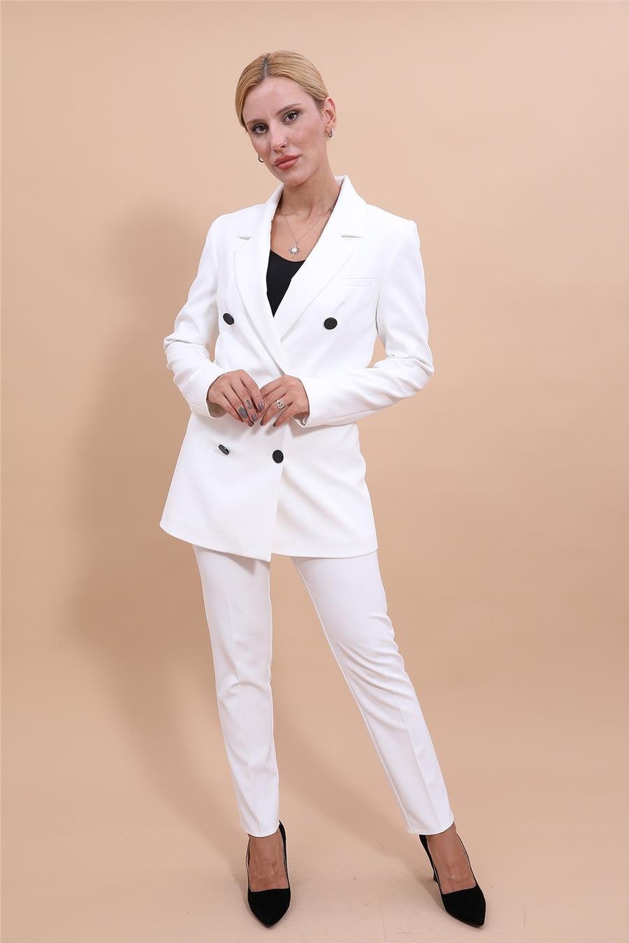 Erkek Yaka Kuruvaze Blazer Ceket & Dar Paça Pantolon-Beyaz Önder Özsoy 1034510 Blazer Ceket & Boru Paça Pantolon Takım