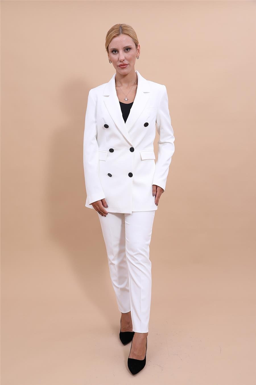 Erkek Yaka Kuruvaze Blazer Ceket & Dar Paça Pantolon-Beyaz Önder Özsoy 1034510 Blazer Ceket & Boru Paça Pantolon Takım