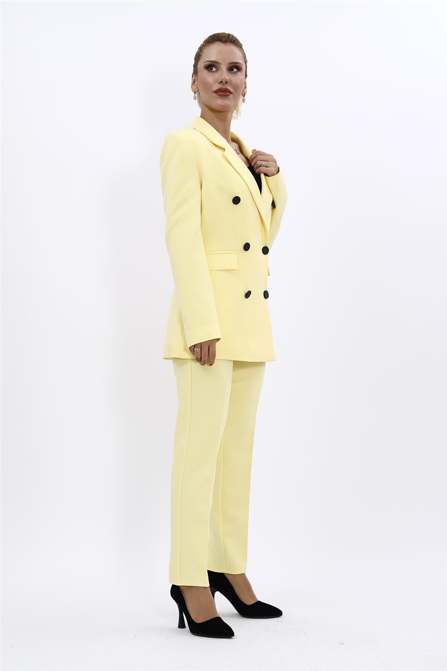 Erkek Yaka Kuruvaze Blazer Ceket & Dar Paça Pantolon-Sarı Önder Özsoy 1034510 Blazer Ceket & Boru Paça Pantolon Takım