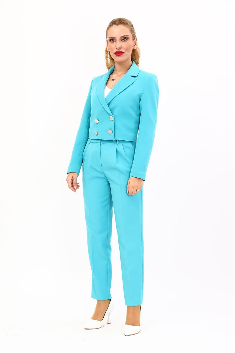 Erkek Yaka Kuruvaze Kısa Ceket & Kemerli Köprülü Dar Paça Pantolon-Turkuaz Önder Özsoy 1048503 Mini Blazer Ceket & Pileli Boru  Paça Pantolon Takım