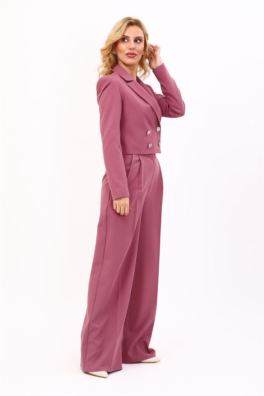 Erkek Yaka Kuruvaze Kısa Ceket & Korsaj Kemer Yüksek Bel Palazzo Pantolon-Rose Önder Özsoy 1048521 Mini Blazer Ceket & Yüksek Bel Pileli Bol Paça Pantolon Takım