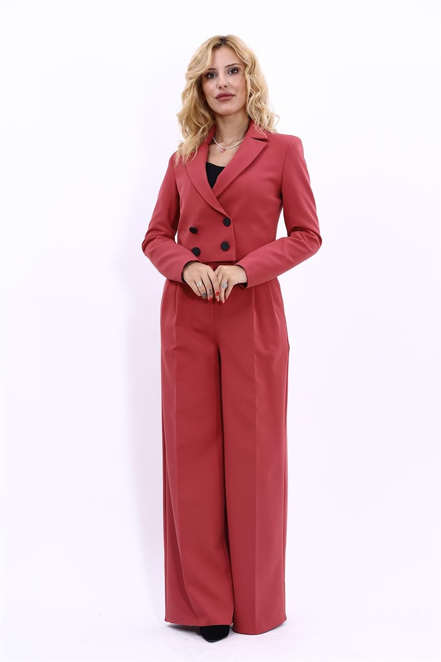 Erkek Yaka Kuruvaze Kısa Ceket & Korsaj Kemer Yüksek Bel Palazzo Pantolon-Kiremit Önder Özsoy 1048521 Mini Blazer Ceket & Yüksek Bel Pileli Bol Paça Pantolon Takım