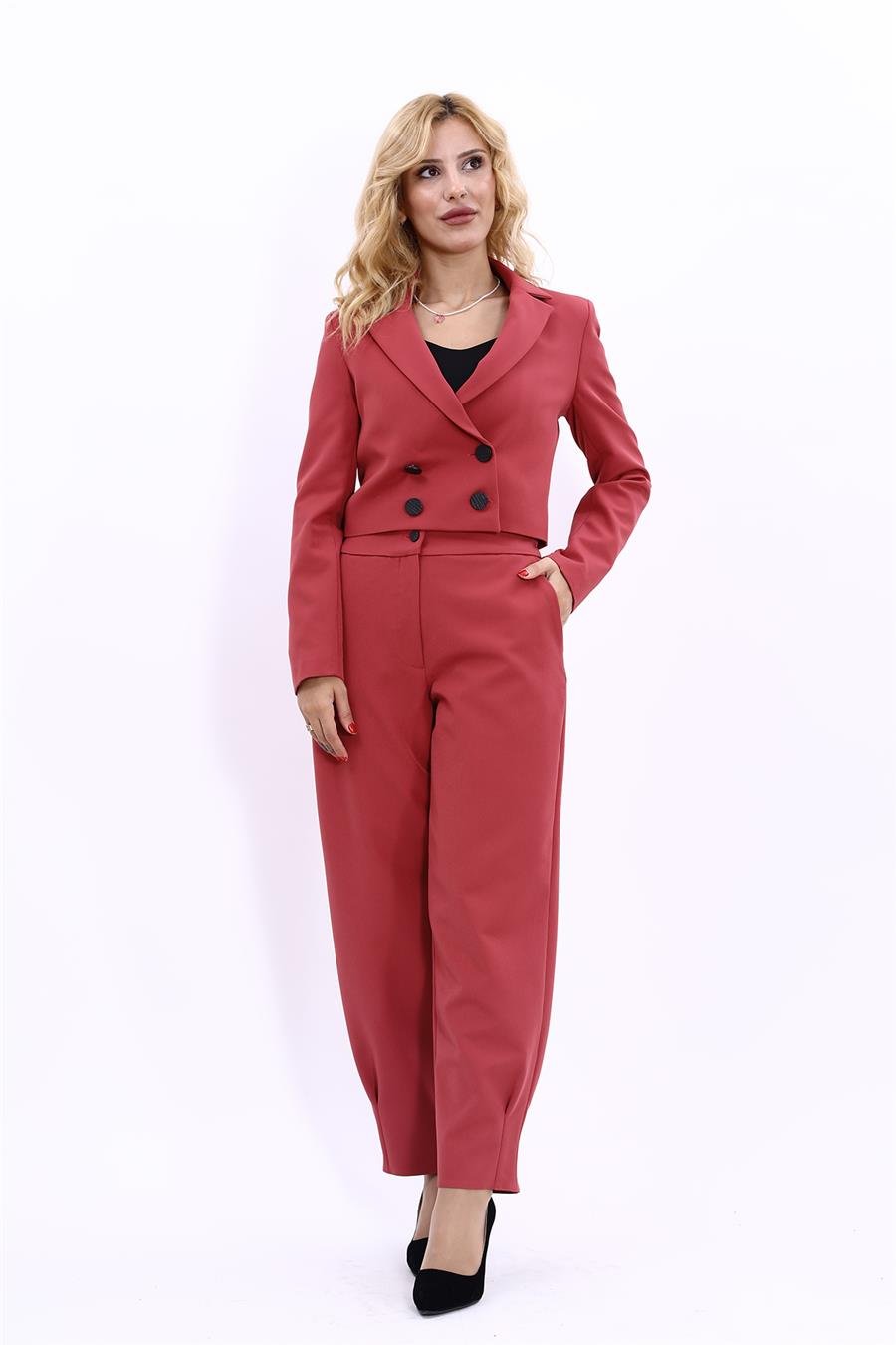 Erkek Yaka Kuruvaze Kısa Ceket & Paçası Pileli Pantolon-Kiremit Önder Özsoy 1048532 Mini Blazer Ceket & Pileli Paça Pantolon Takım