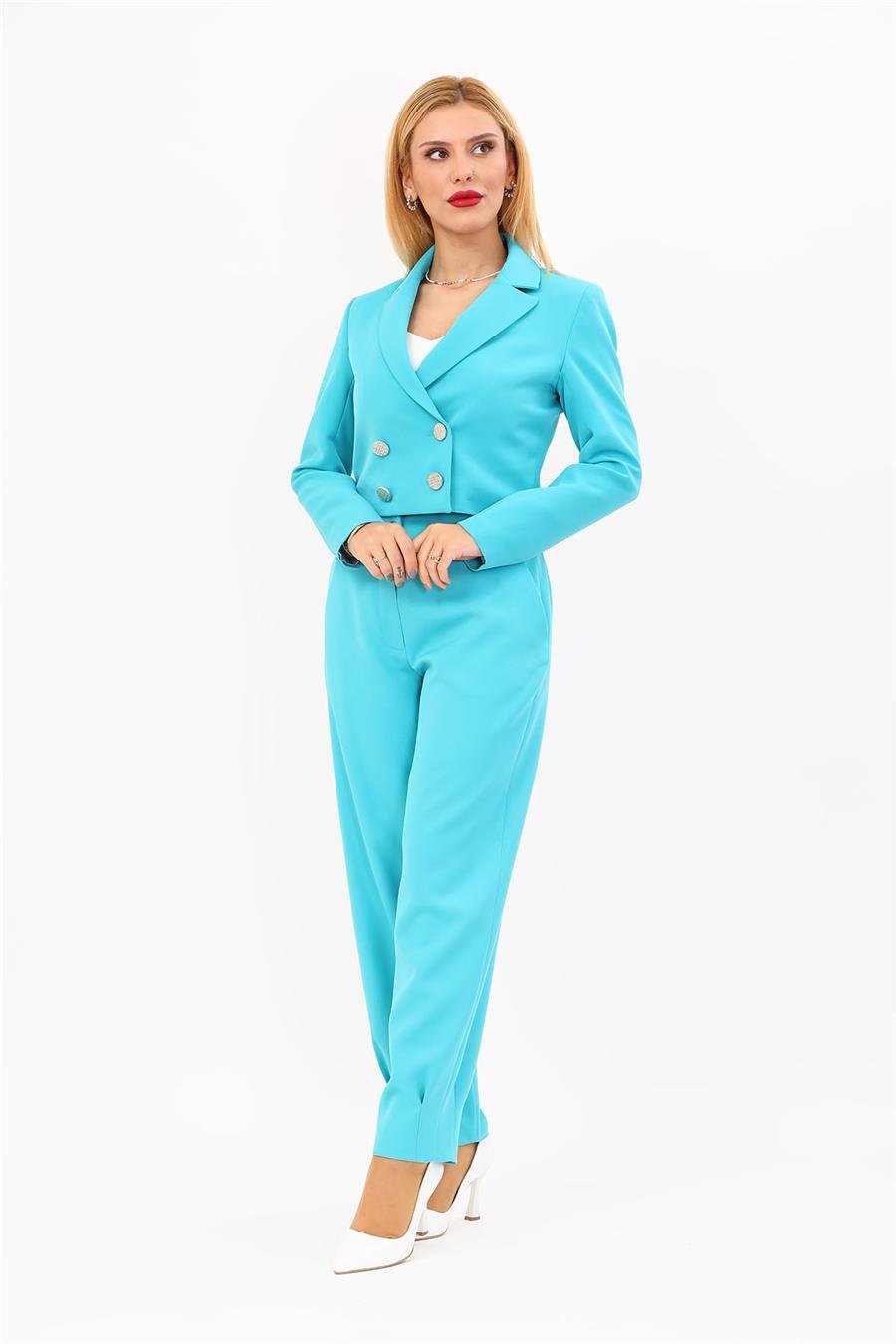 Erkek Yaka Kuruvaze Kısa Ceket & Paçası Pileli Pantolon-Turkuaz Önder Özsoy 1048532 Mini Blazer Ceket & Pileli Paça Pantolon Takım