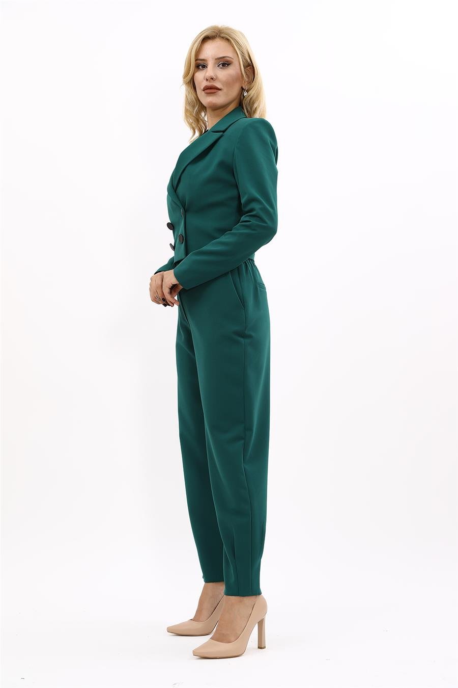 Erkek Yaka Kuruvaze Kısa Ceket & Paçası Pileli Pantolon-Zümrüt Önder Özsoy 1048532 Mini Blazer Ceket & Pileli Paça Pantolon Takım