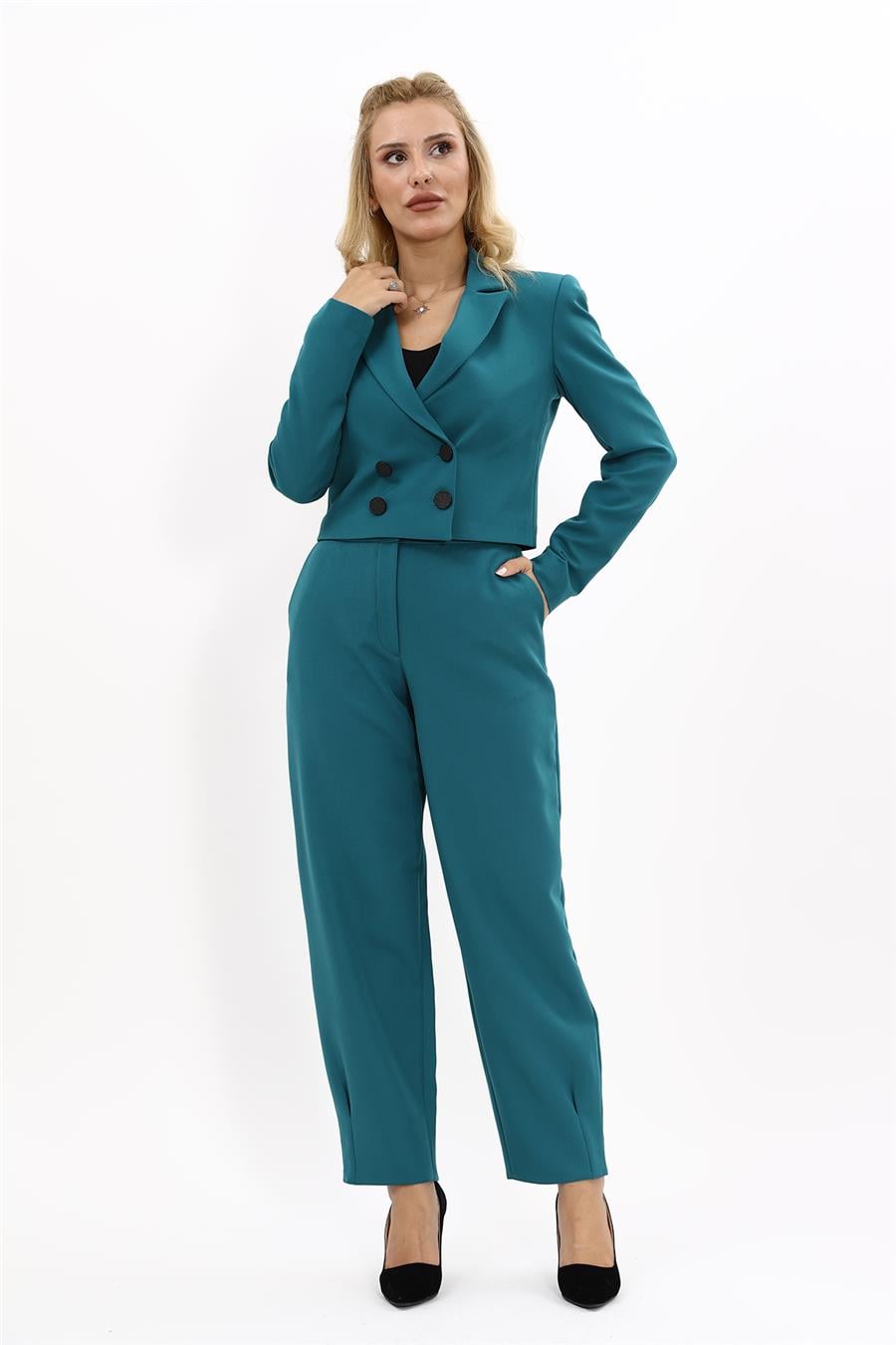 Erkek Yaka Kuruvaze Kısa Ceket & Paçası Pileli Pantolon-Petrol Önder Özsoy 1048532 Mini Blazer Ceket & Pileli Paça Pantolon Takım