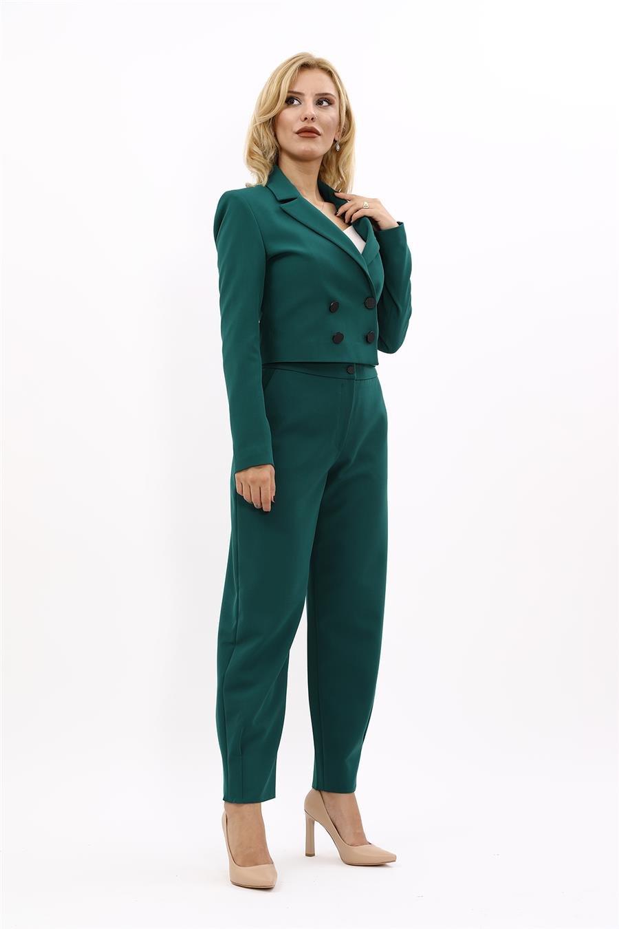 Erkek Yaka Kuruvaze Kısa Ceket & Paçası Pileli Pantolon-Zümrüt Önder Özsoy 1048532 Mini Blazer Ceket & Pileli Paça Pantolon Takım