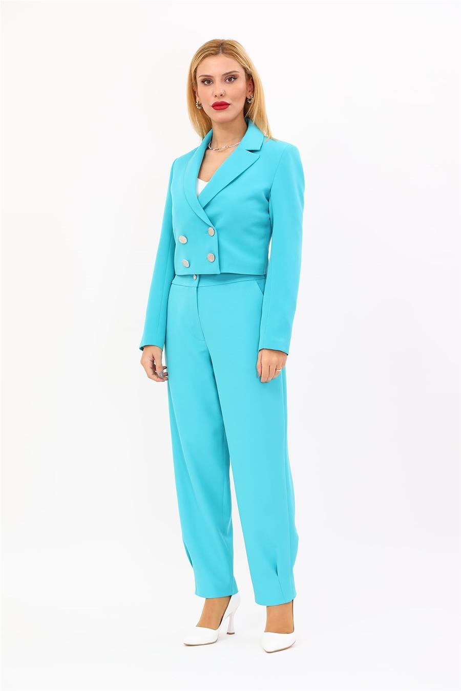 Erkek Yaka Kuruvaze Kısa Ceket & Paçası Pileli Pantolon-Turkuaz Önder Özsoy 1048532 Mini Blazer Ceket & Pileli Paça Pantolon Takım