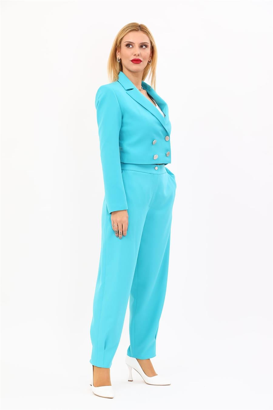 Erkek Yaka Kuruvaze Kısa Ceket & Paçası Pileli Pantolon-Turkuaz Önder Özsoy 1048532 Mini Blazer Ceket & Pileli Paça Pantolon Takım