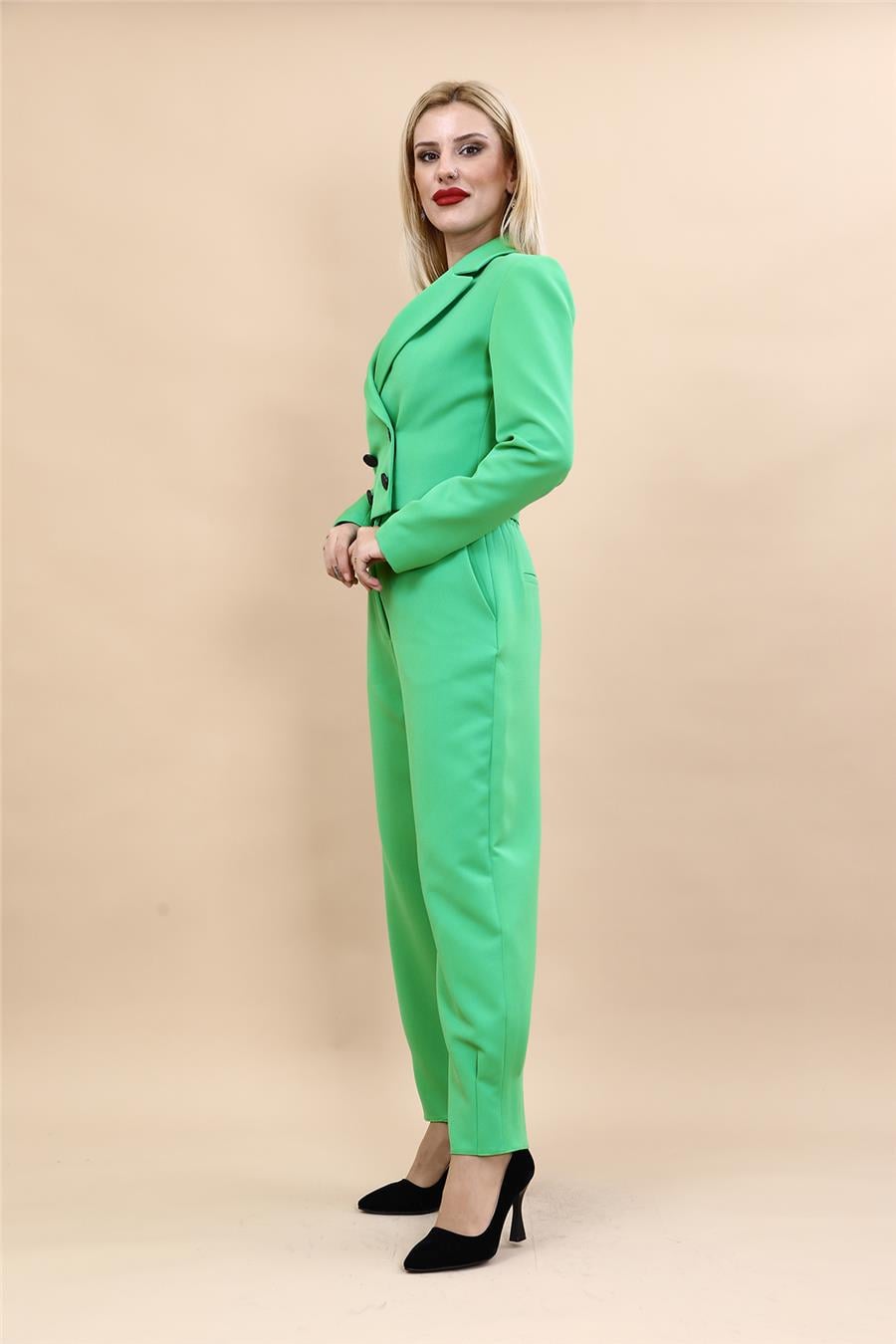 Erkek Yaka Kuruvaze Kısa Ceket & Paçası Pileli Pantolon-Yeşil Önder Özsoy 1048532 Mini Blazer Ceket & Pileli Paça Pantolon Takım