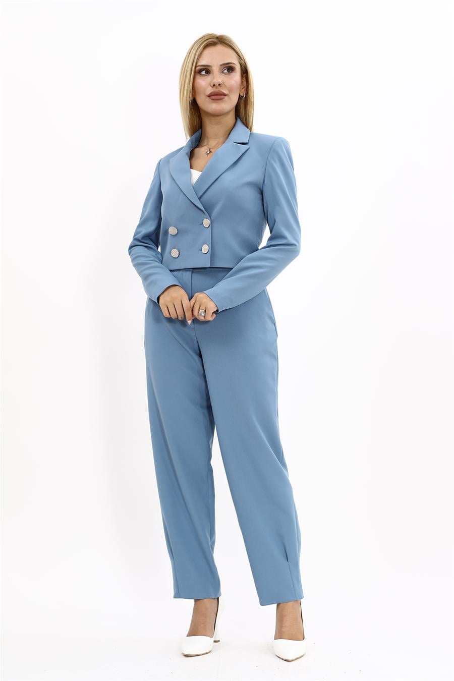Erkek Yaka Kuruvaze Kısa Ceket & Paçası Pileli Pantolon-Deniz Önder Özsoy 1048532 Mini Blazer Ceket & Pileli Paça Pantolon Takım