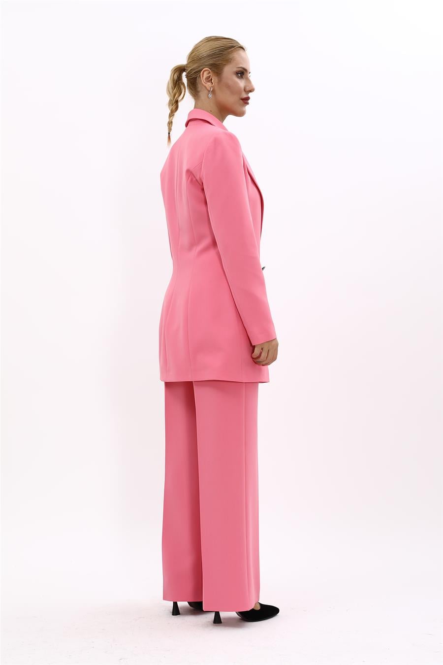 Erkek Yaka Kuruvaze Uzun Ceket & Bol Paça Pantolon-Pembe Önder Özsoy 1066520 Uzun Klasik Blazer Ceket & Bol Paça Pantolon Takım