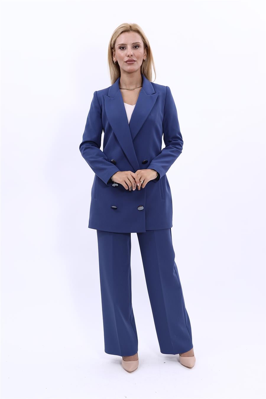 Erkek Yaka Kuruvaze Uzun Ceket & Bol Paça Pantolon-İndigo Önder Özsoy 1066520 Uzun Klasik Blazer Ceket & Bol Paça Pantolon Takım