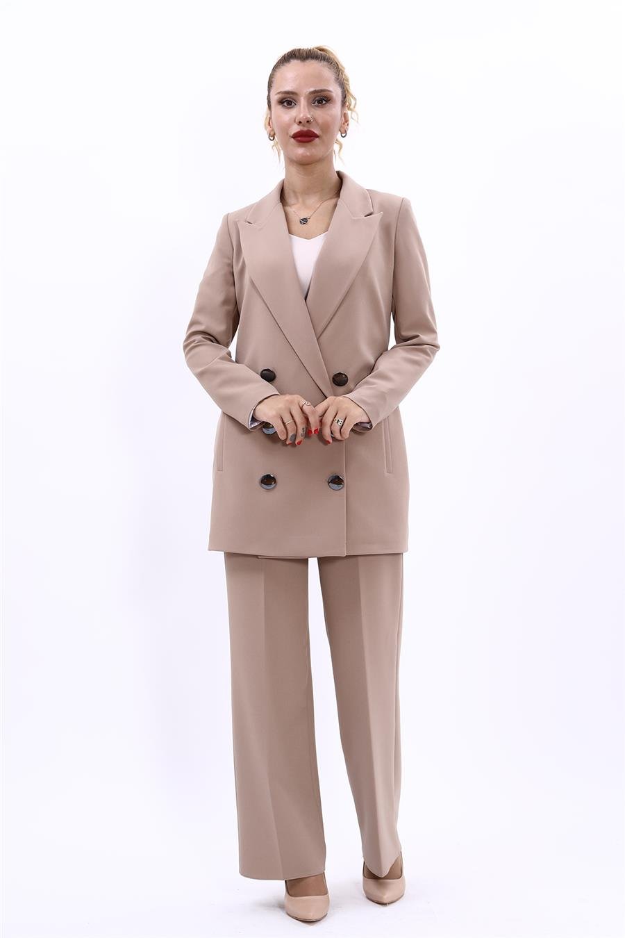Erkek Yaka Kuruvaze Uzun Ceket & Bol Paça Pantolon-Taş Önder Özsoy 1066520 Uzun Klasik Blazer Ceket & Bol Paça Pantolon Takım