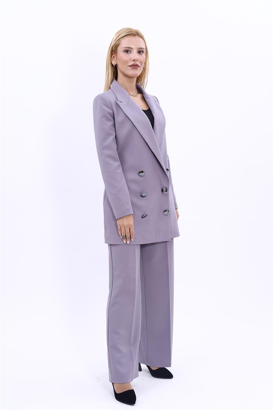 Erkek Yaka Kuruvaze Uzun Ceket & Bol Paça Pantolon-Antrasit Önder Özsoy 1066520 Uzun Klasik Blazer Ceket & Bol Paça Pantolon Takım