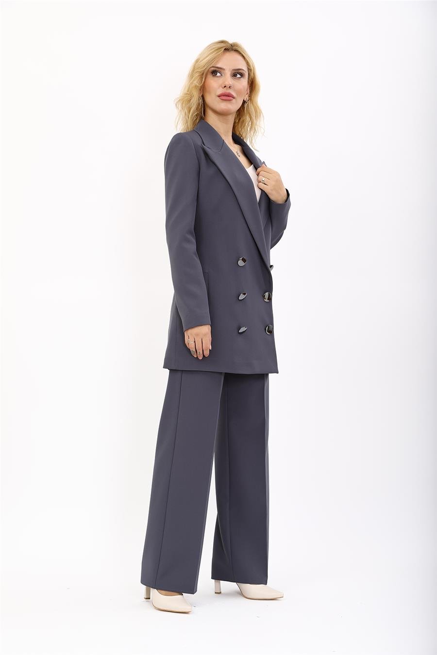 Erkek Yaka Kuruvaze Uzun Ceket & Bol Paça Pantolon-Füme Önder Özsoy 1066520 Uzun Klasik Blazer Ceket & Bol Paça Pantolon Takım