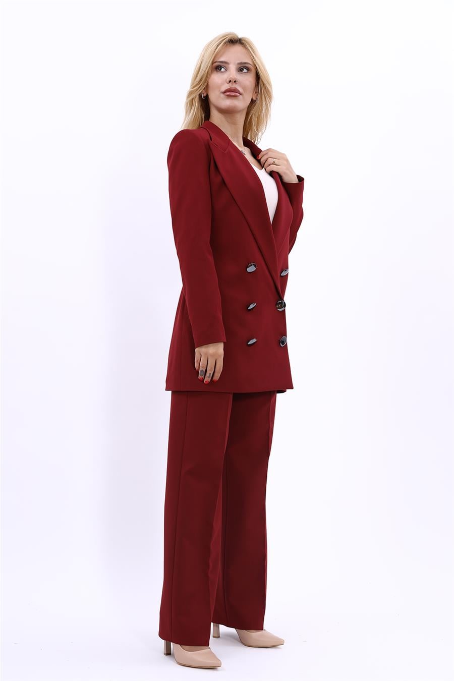 Erkek Yaka Kuruvaze Uzun Ceket & Bol Paça Pantolon-Bordo Önder Özsoy 1066520 Uzun Klasik Blazer Ceket & Bol Paça Pantolon Takım