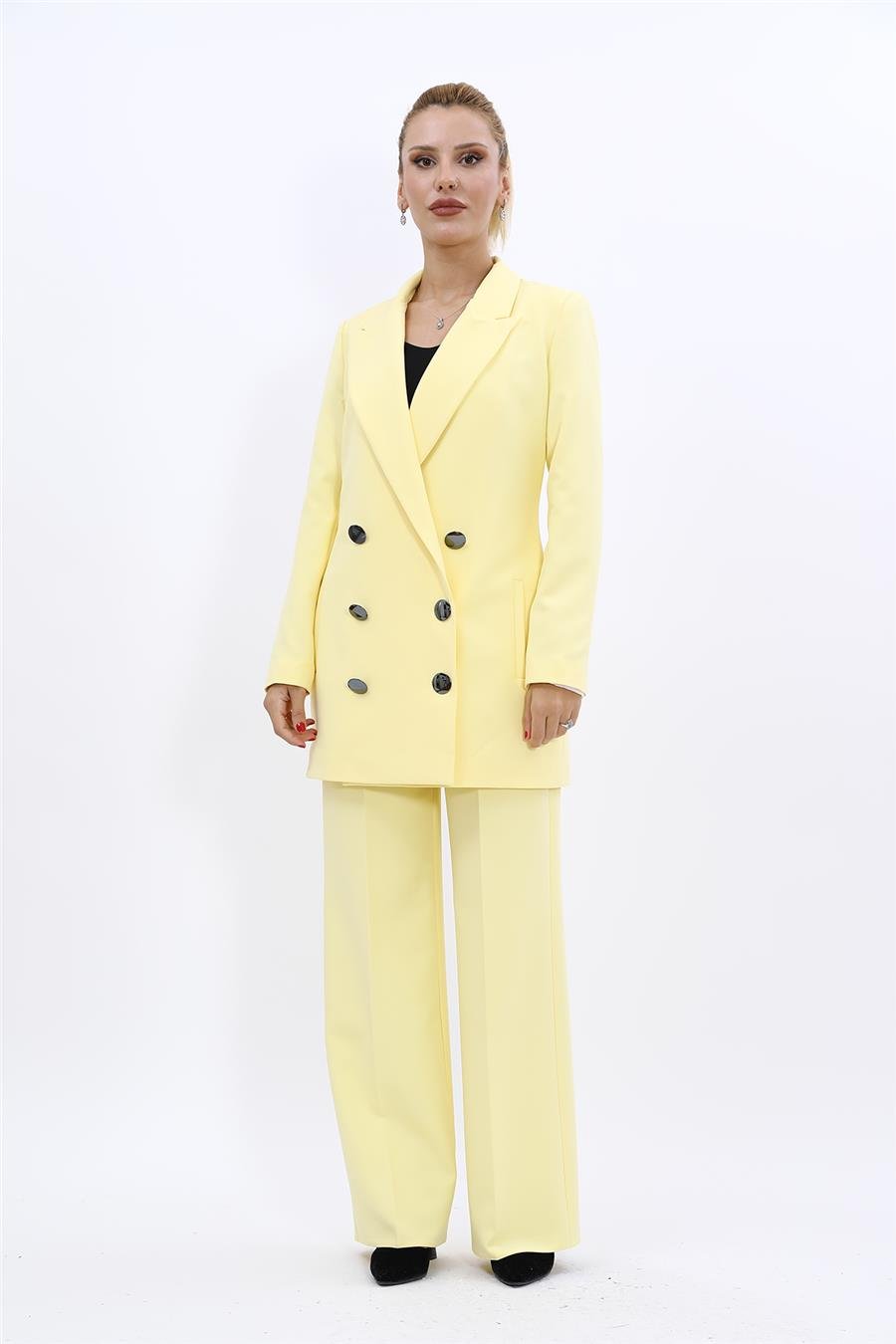 Erkek Yaka Kuruvaze Uzun Ceket & Bol Paça Pantolon-Sarı Önder Özsoy 1066520 Uzun Klasik Blazer Ceket & Bol Paça Pantolon Takım