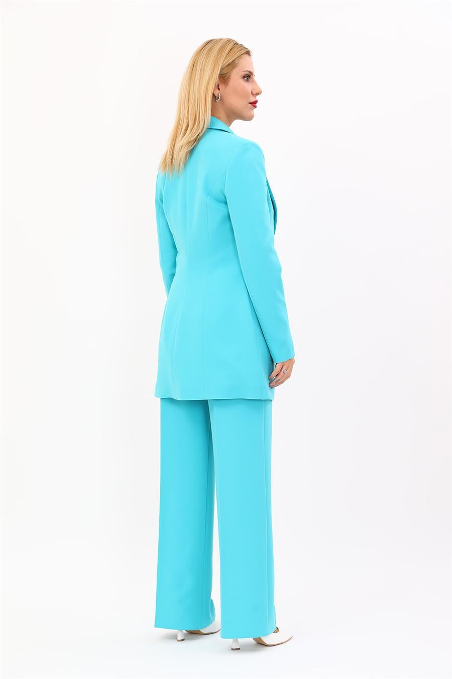 Erkek Yaka Kuruvaze Uzun Ceket & Bol Paça Pantolon-Turkuaz Önder Özsoy 1066520 Uzun Klasik Blazer Ceket & Bol Paça Pantolon Takım