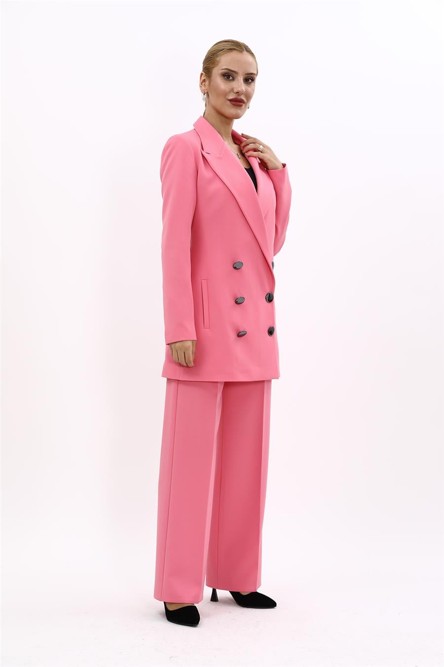 Erkek Yaka Kuruvaze Uzun Ceket & Bol Paça Pantolon-Pembe Önder Özsoy 1066520 Uzun Klasik Blazer Ceket & Bol Paça Pantolon Takım