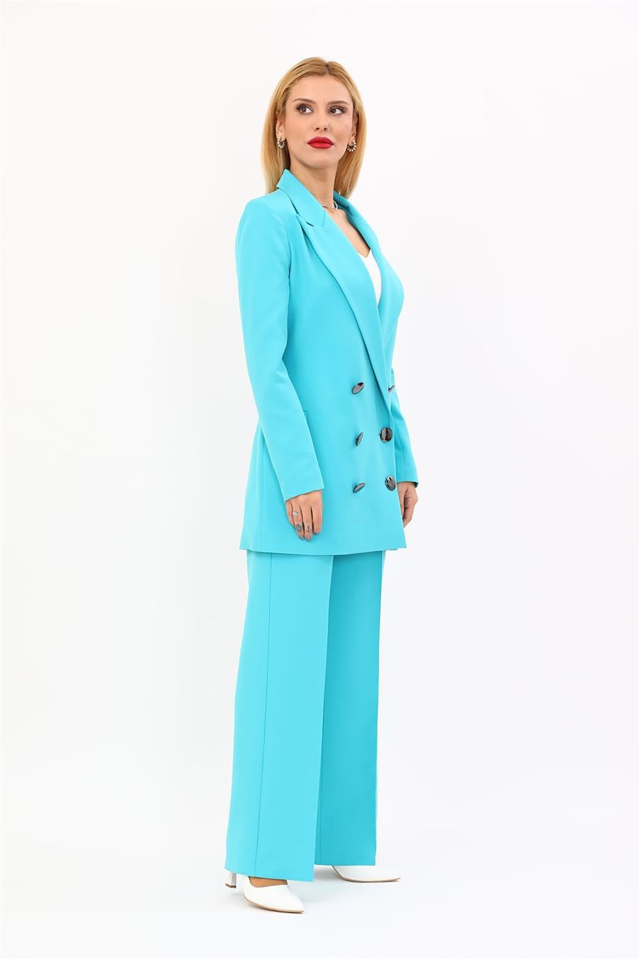 Erkek Yaka Kuruvaze Uzun Ceket & Bol Paça Pantolon-Turkuaz Önder Özsoy 1066520 Uzun Klasik Blazer Ceket & Bol Paça Pantolon Takım