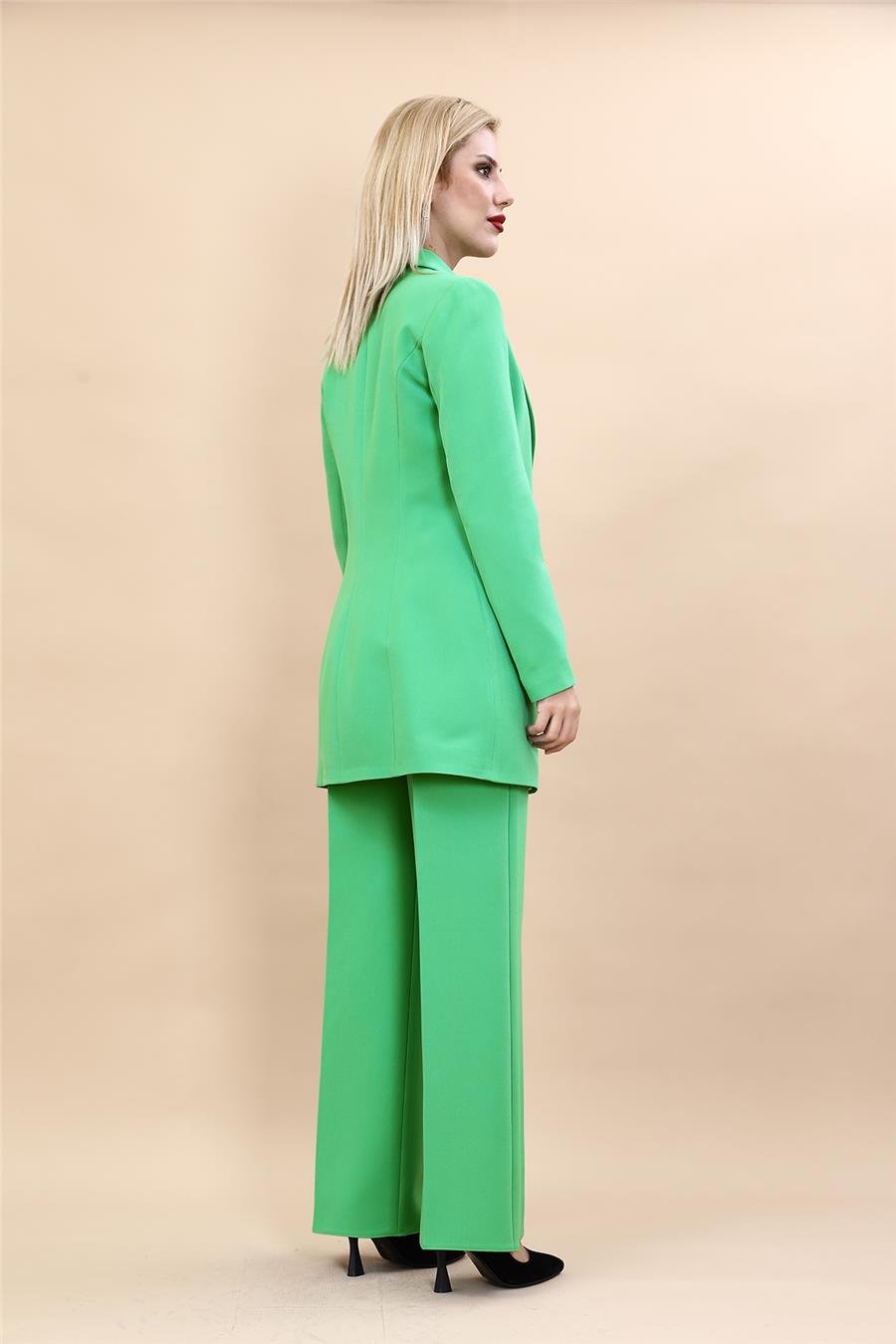 Erkek Yaka Kuruvaze Uzun Ceket & Bol Paça Pantolon-Yeşil Önder Özsoy 1066520 Uzun Klasik Blazer Ceket & Bol Paça Pantolon Takım
