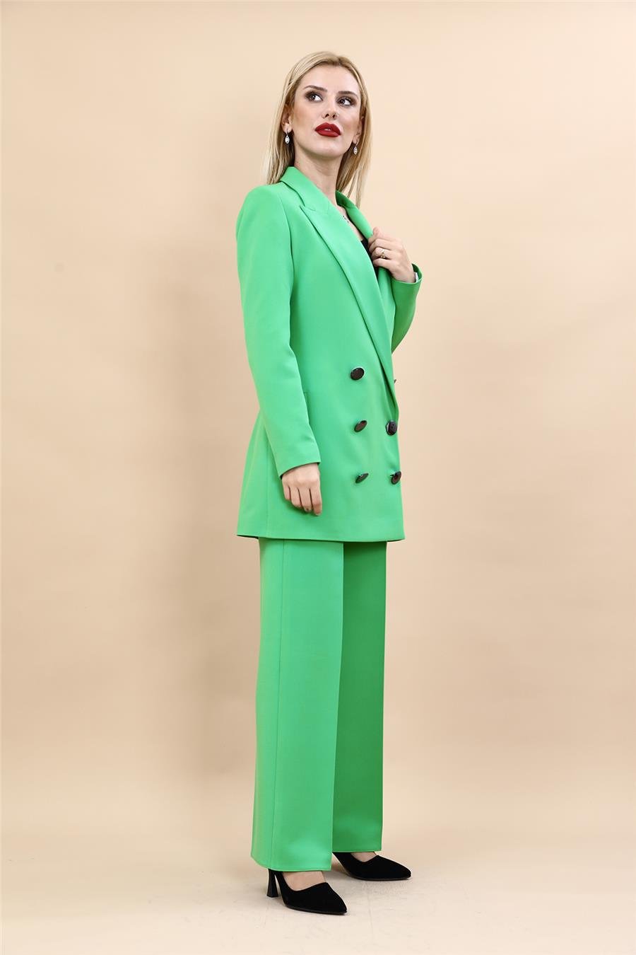 Erkek Yaka Kuruvaze Uzun Ceket & Bol Paça Pantolon-Yeşil Önder Özsoy 1066520 Uzun Klasik Blazer Ceket & Bol Paça Pantolon Takım