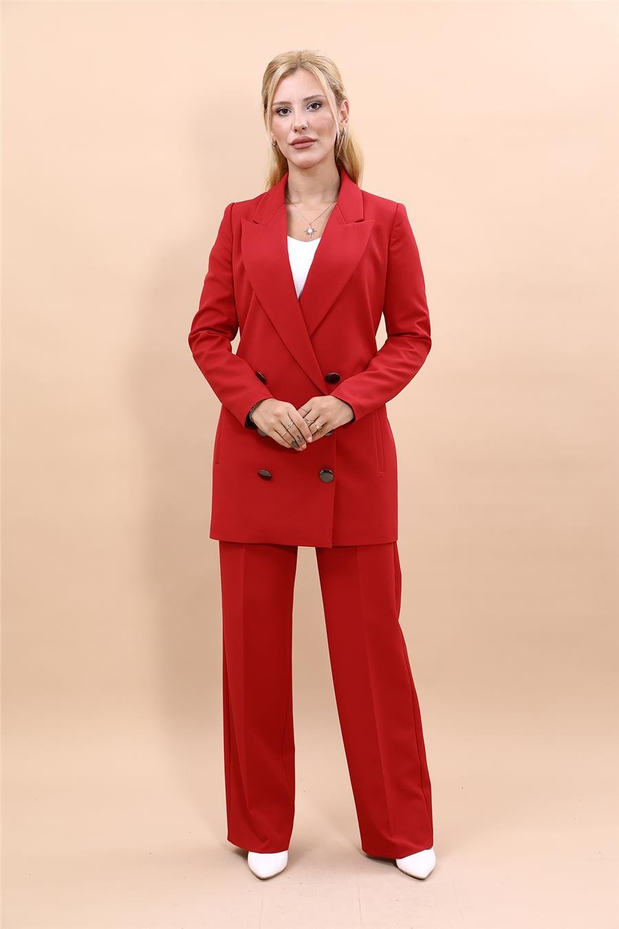 Erkek Yaka Kuruvaze Uzun Ceket & Bol Paça Pantolon-Kırmızı Önder Özsoy 1066520 Uzun Klasik Blazer Ceket & Bol Paça Pantolon Takım