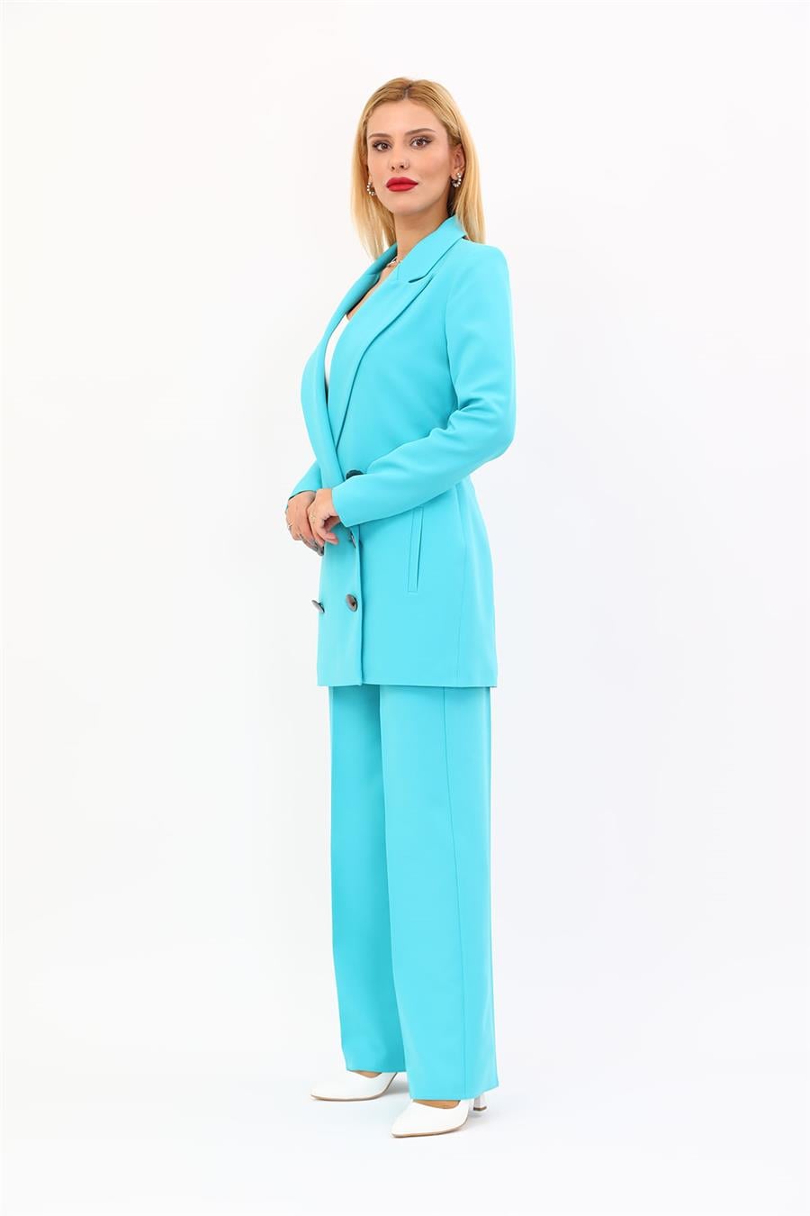 Erkek Yaka Kuruvaze Uzun Ceket & Bol Paça Pantolon-Turkuaz Önder Özsoy 1066520 Uzun Klasik Blazer Ceket & Bol Paça Pantolon Takım