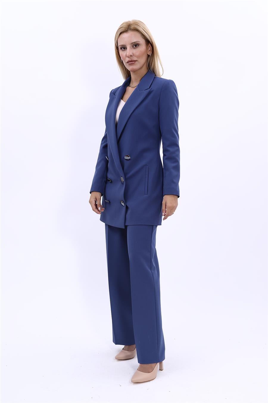 Erkek Yaka Kuruvaze Uzun Ceket & Bol Paça Pantolon-İndigo Önder Özsoy 1066520 Uzun Klasik Blazer Ceket & Bol Paça Pantolon Takım