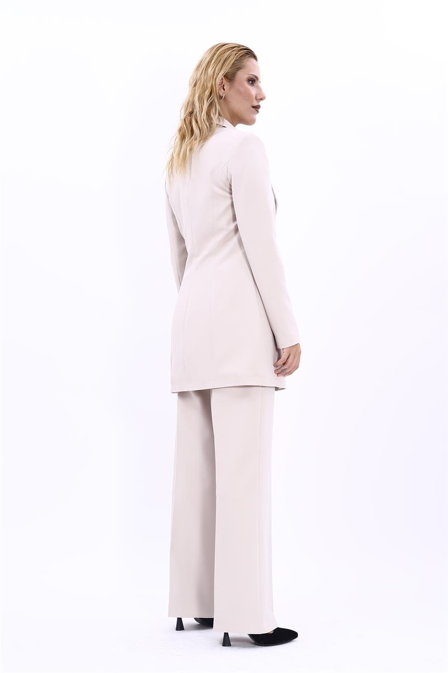 Erkek Yaka Kuruvaze Uzun Ceket & Bol Paça Pantolon-Bej Önder Özsoy 1066520 Uzun Klasik Blazer Ceket & Bol Paça Pantolon Takım