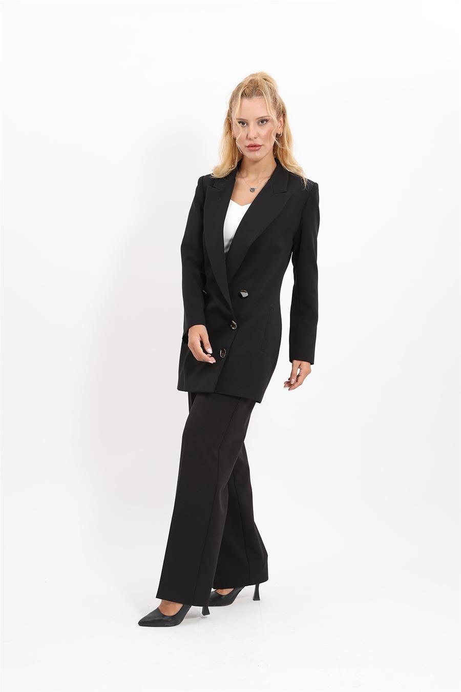 Erkek Yaka Kuruvaze Uzun Ceket & Bol Paça Pantolon-Siyah Önder Özsoy 1066520 Uzun Klasik Blazer Ceket & Bol Paça Pantolon Takım