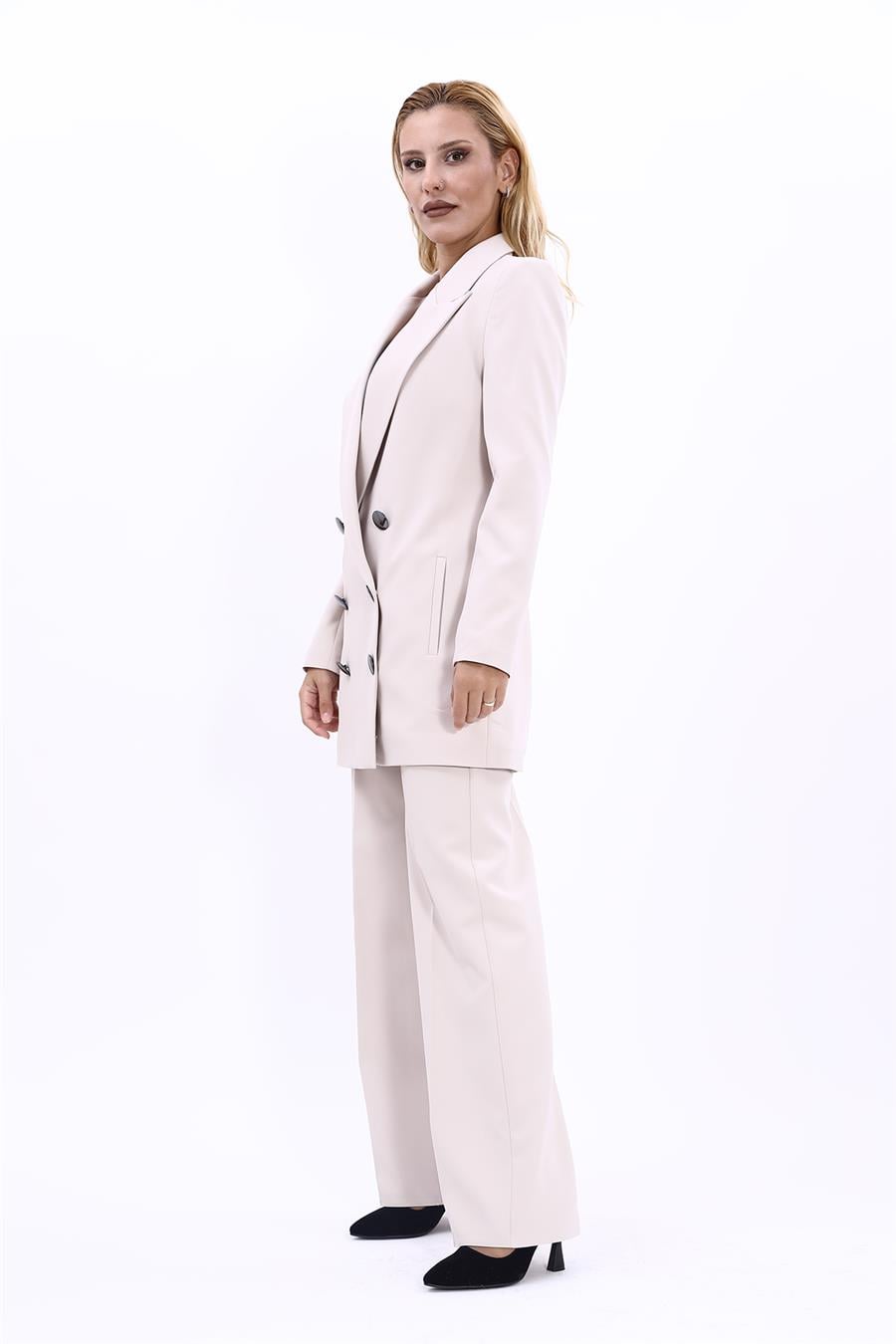 Erkek Yaka Kuruvaze Uzun Ceket & Bol Paça Pantolon-Bej Önder Özsoy 1066520 Uzun Klasik Blazer Ceket & Bol Paça Pantolon Takım