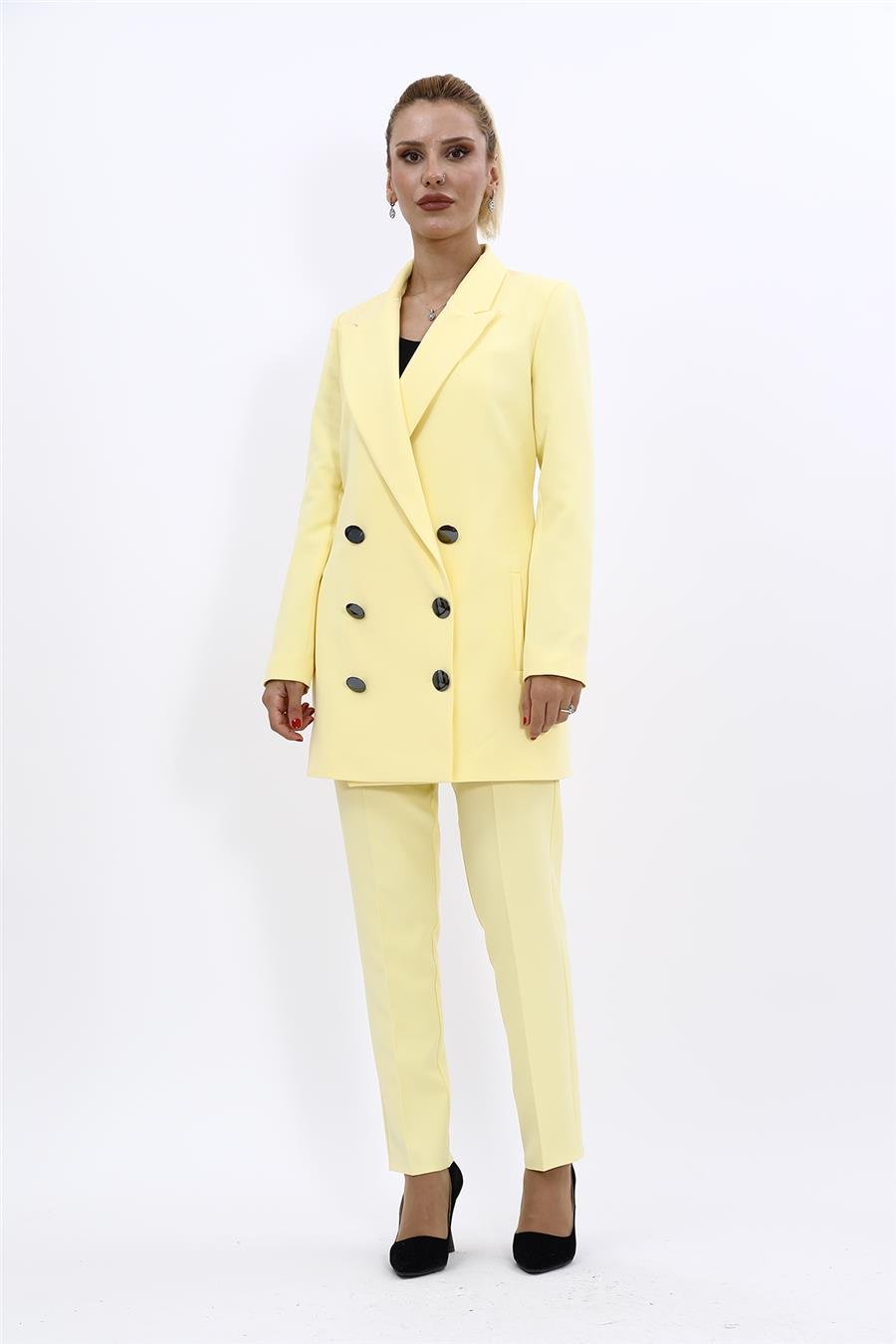 Erkek Yaka Kuruvaze Uzun Ceket & Dar Paça Pantolon-Sarı Önder Özsoy 1066510 Uzun Klasik Blazer Ceket & Boru Paça Pantolon Takım