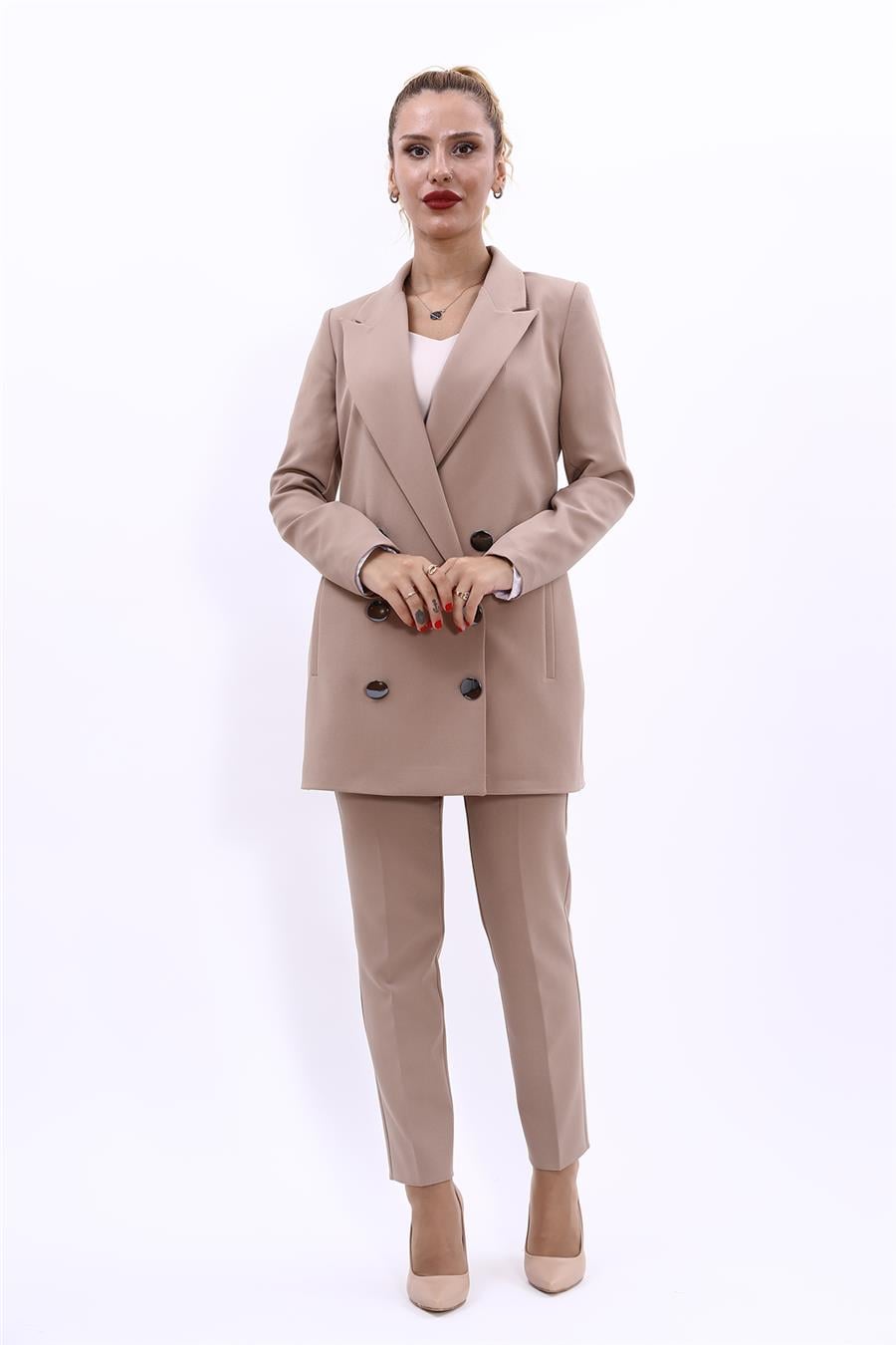 Erkek Yaka Kuruvaze Uzun Ceket & Dar Paça Pantolon-Taş Önder Özsoy 1066510 Uzun Klasik Blazer Ceket & Boru Paça Pantolon Takım