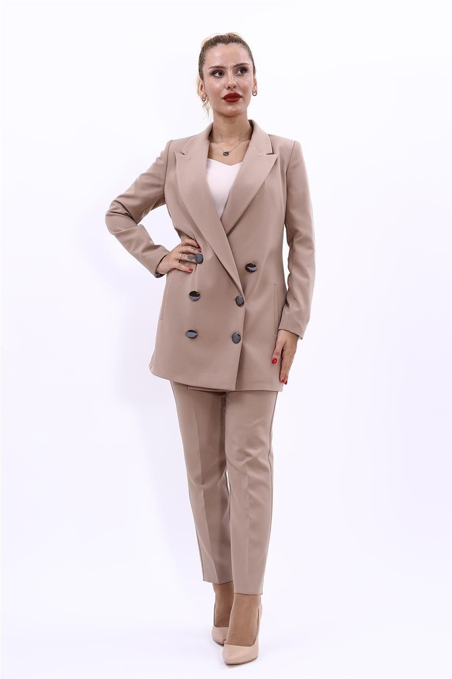 Erkek Yaka Kuruvaze Uzun Ceket & Dar Paça Pantolon-Taş Önder Özsoy 1066510 Uzun Klasik Blazer Ceket & Boru Paça Pantolon Takım