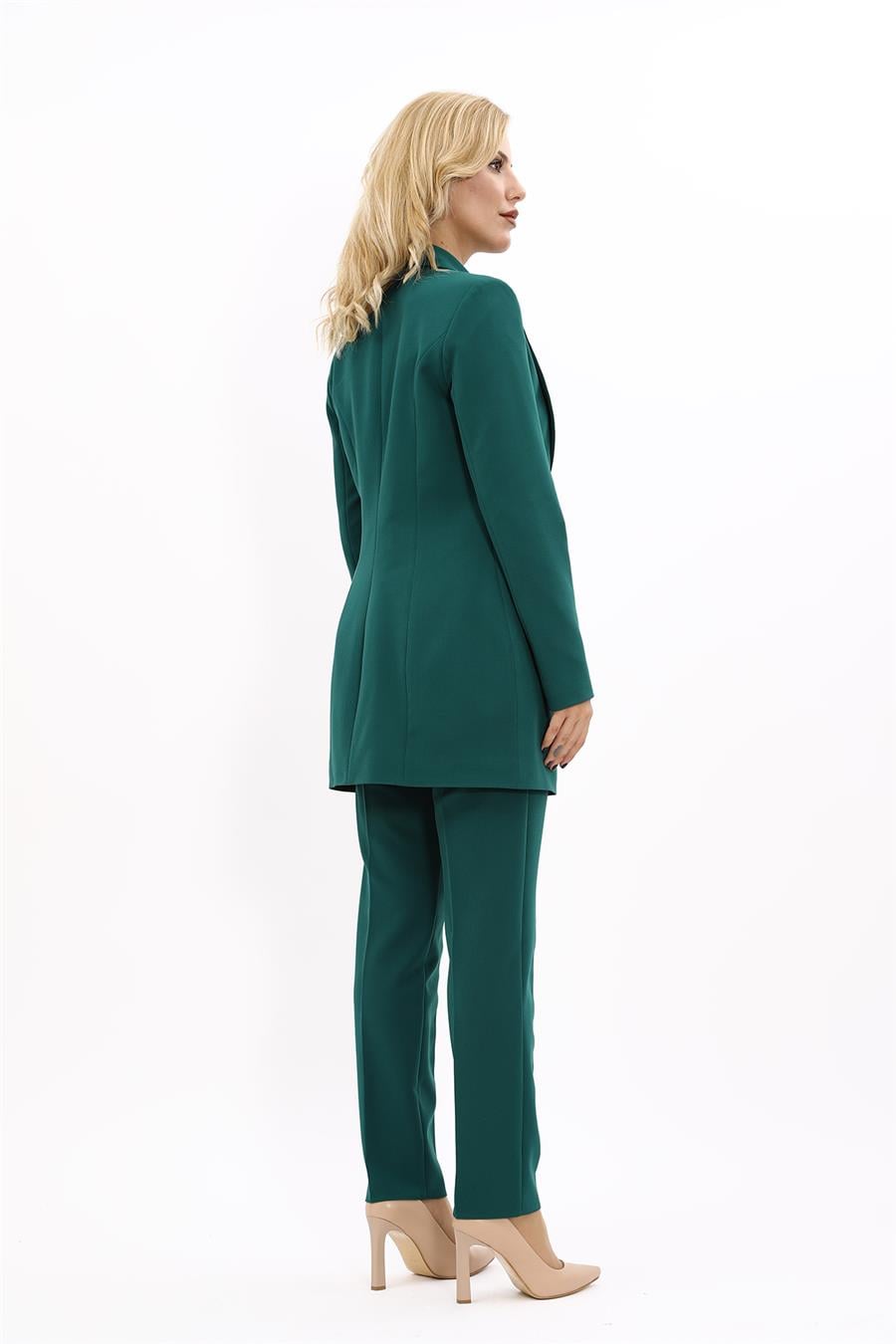 Erkek Yaka Kuruvaze Uzun Ceket & Dar Paça Pantolon-Zümrüt Önder Özsoy 1066510 Uzun Klasik Blazer Ceket & Boru Paça Pantolon Takım