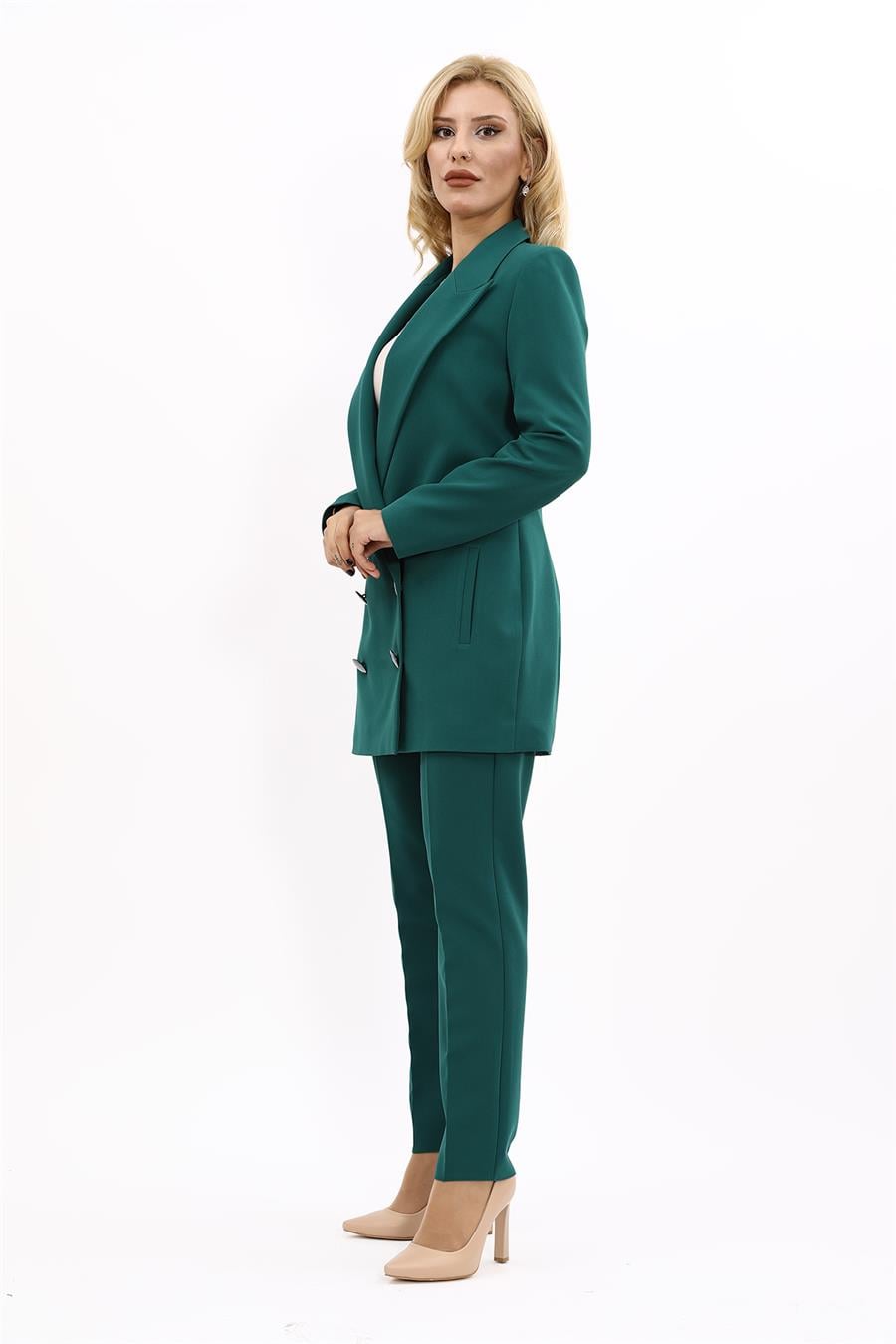 Erkek Yaka Kuruvaze Uzun Ceket & Dar Paça Pantolon-Zümrüt Önder Özsoy 1066510 Uzun Klasik Blazer Ceket & Boru Paça Pantolon Takım
