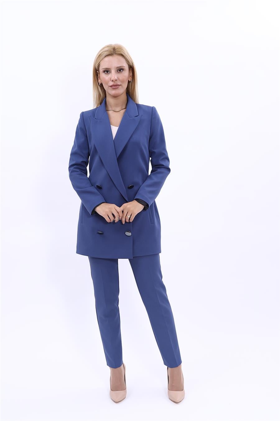 Erkek Yaka Kuruvaze Uzun Ceket & Dar Paça Pantolon-İndigo Önder Özsoy 1066510 Uzun Klasik Blazer Ceket & Boru Paça Pantolon Takım