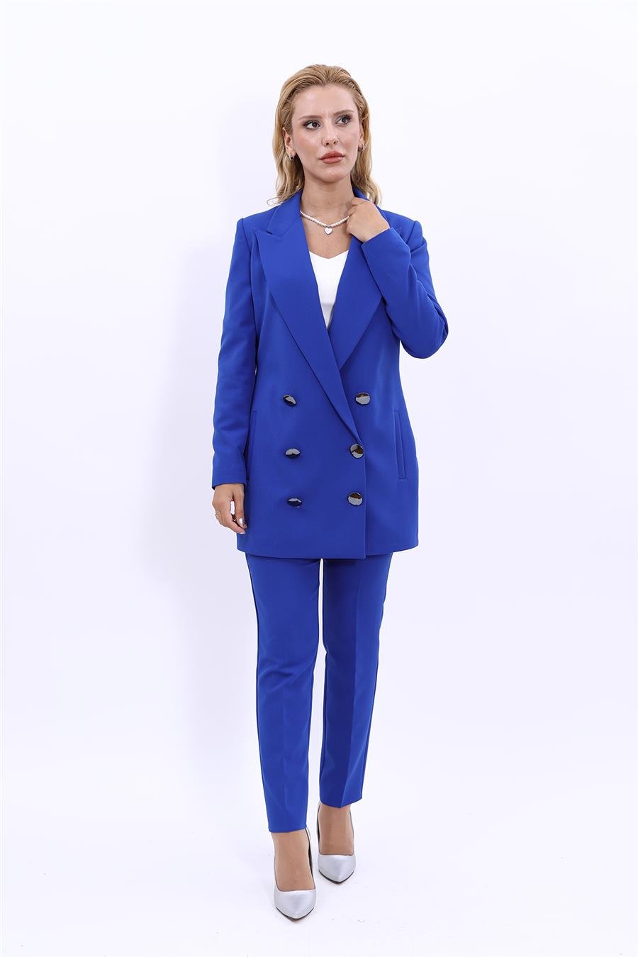 Erkek Yaka Kuruvaze Uzun Ceket & Dar Paça Pantolon-Saks Önder Özsoy 1066510 Uzun Klasik Blazer Ceket & Boru Paça Pantolon Takım