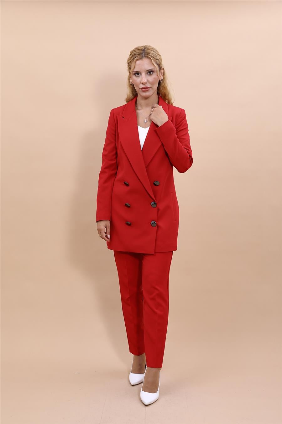 Erkek Yaka Kuruvaze Uzun Ceket & Dar Paça Pantolon-Kırmızı Önder Özsoy 1066510 Uzun Klasik Blazer Ceket & Boru Paça Pantolon Takım