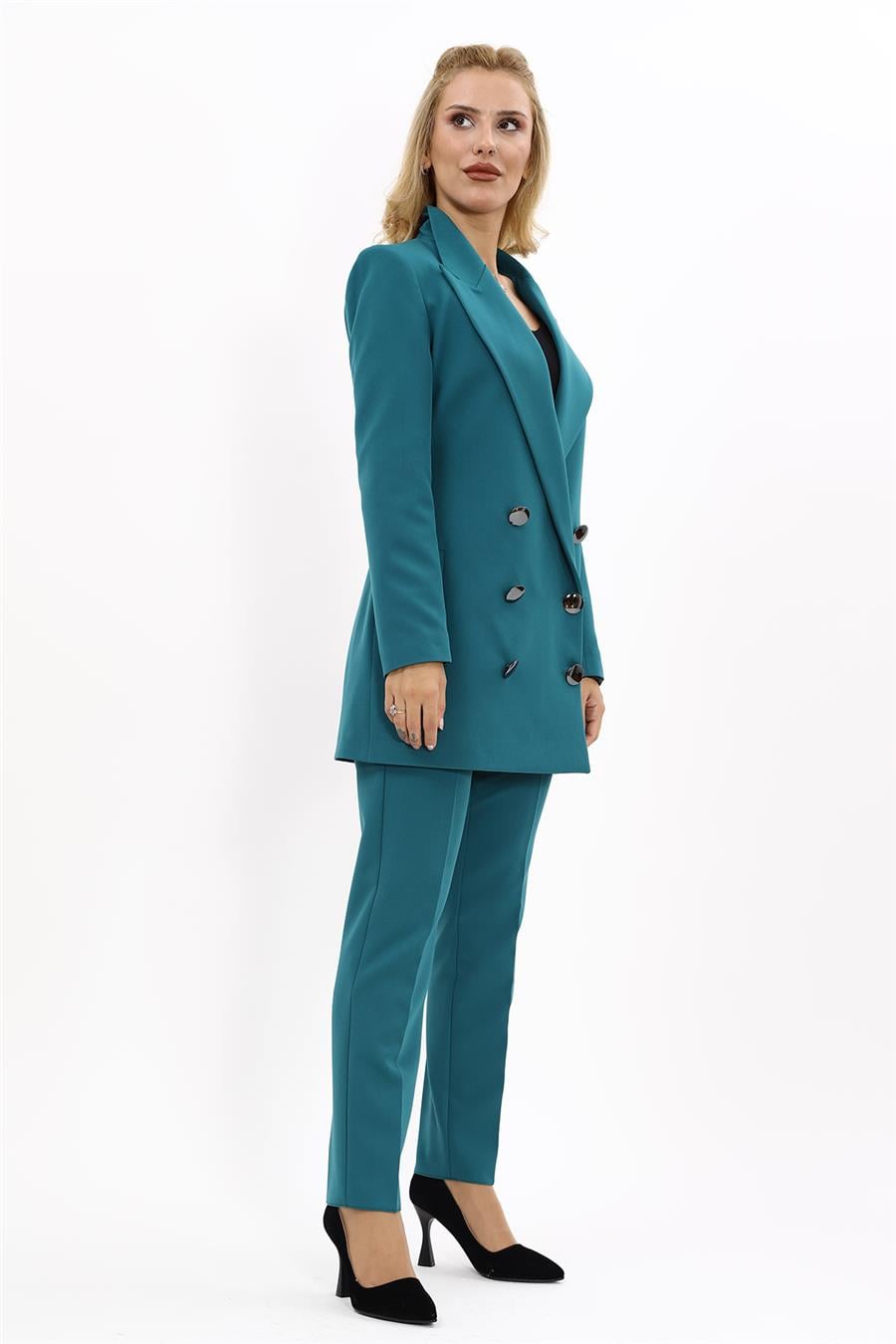Erkek Yaka Kuruvaze Uzun Ceket & Dar Paça Pantolon-Petrol Önder Özsoy 1066510 Uzun Klasik Blazer Ceket & Boru Paça Pantolon Takım
