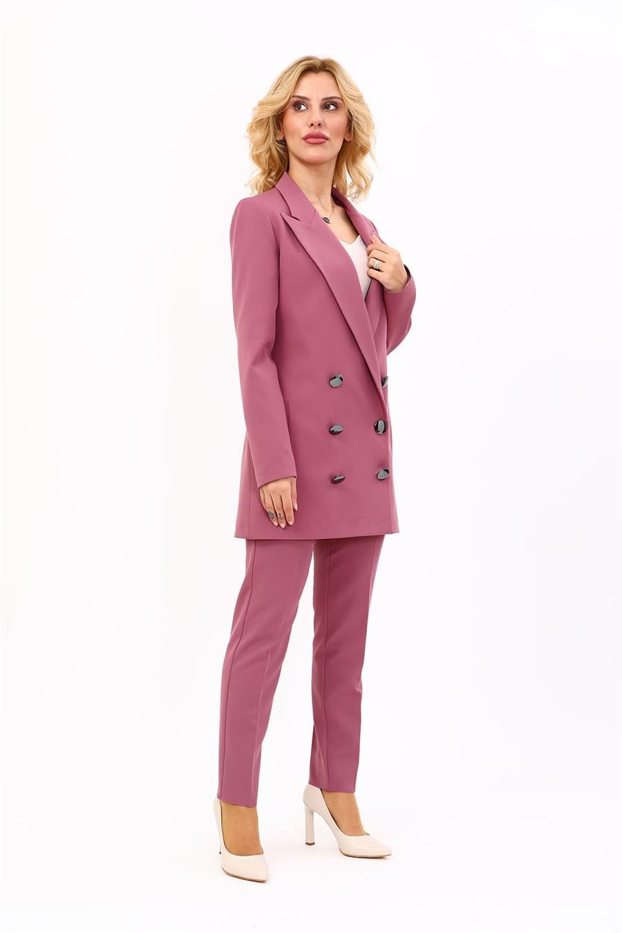 Erkek Yaka Kuruvaze Uzun Ceket & Dar Paça Pantolon-Rose Önder Özsoy 1066510 Uzun Klasik Blazer Ceket & Boru Paça Pantolon Takım
